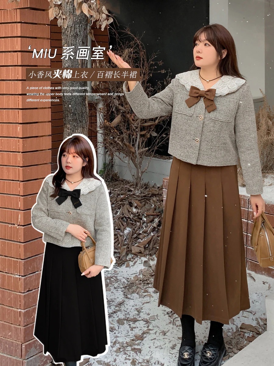 【ぽちゃまに】 冬 上下セット ニット プリーツスカート 蝶結び レトロ 大きいサイズ 体型カバー レディース セットアップ メガ割30%までに制限