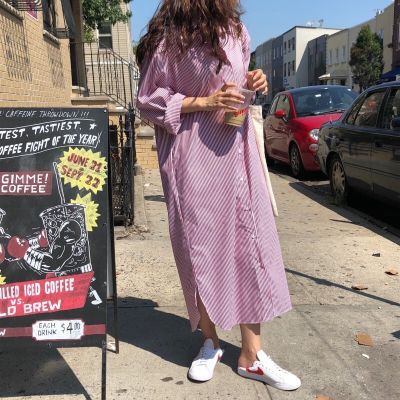 レディース ワンピース シャツワンピ 前開き 膝下 ミモレ ロング 長袖 ドロップショルダー 襟付き 角襟 オーバーサイズ ボタン サイドスリット かわいい 大人可愛い シンプル カジュアル 上品