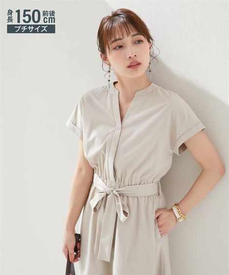 ロングマキシワンピース 小さいサイズ　ウエストマークスキッパーシャツワンピース　低身長さん小柄