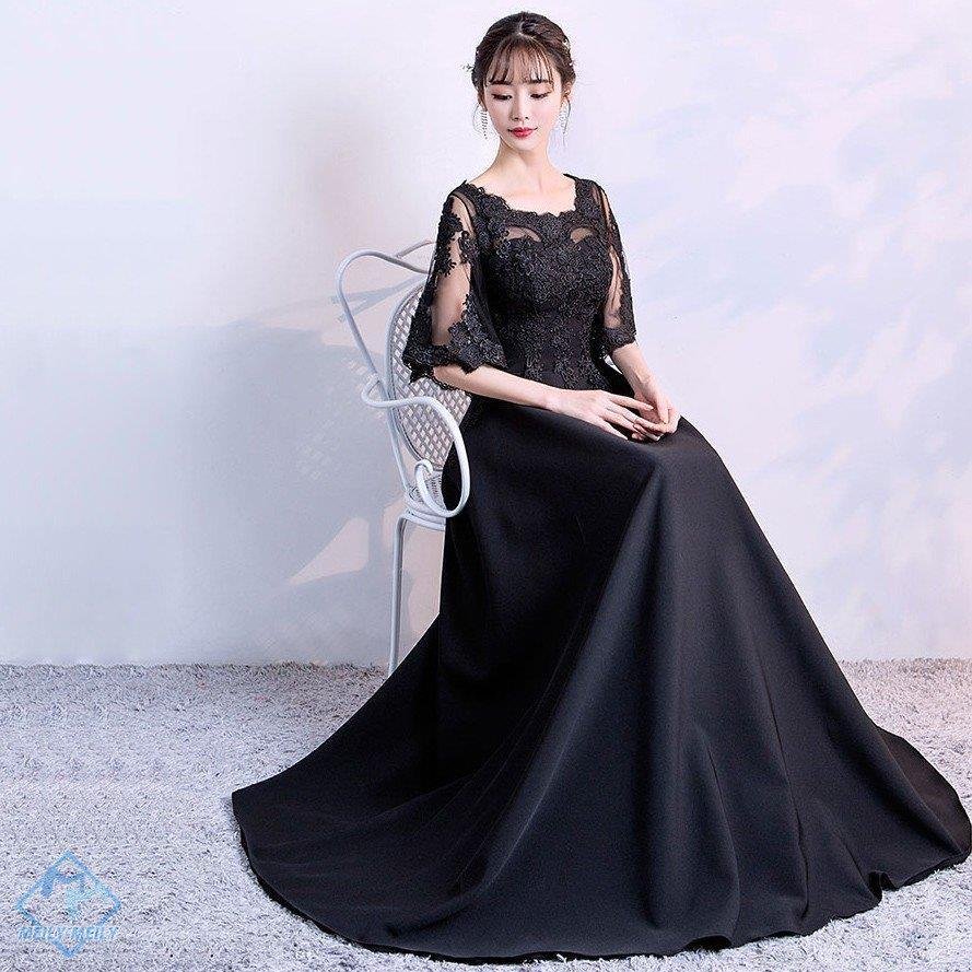カラードレス 黒 イブニングドレス 長袖 ロング パーティードレス 演奏会 花嫁 フォーマルドレス