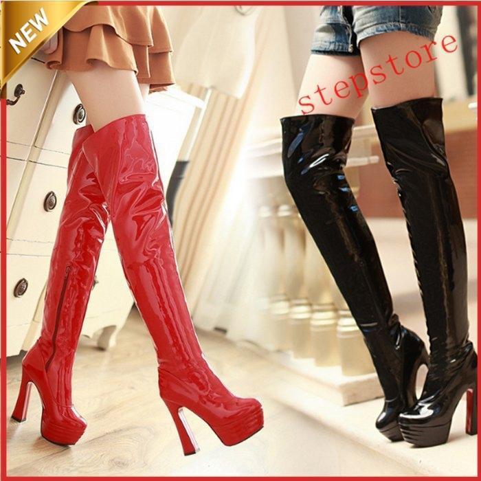 【即納】シンプルなデザインの細身 エナメル ニーハイブーツ 白 黒 赤 のカラー３色 大きいサイズ ピンヒール ブラック ホワイト レッド レディース
