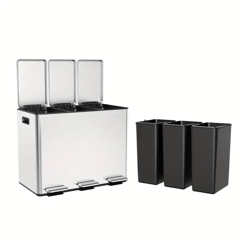 静音 防臭 45L 3分割 ステンレス製 ペダル式ゴミ箱 防錆 指紋防止 消臭機能 家庭 オフィス 分別