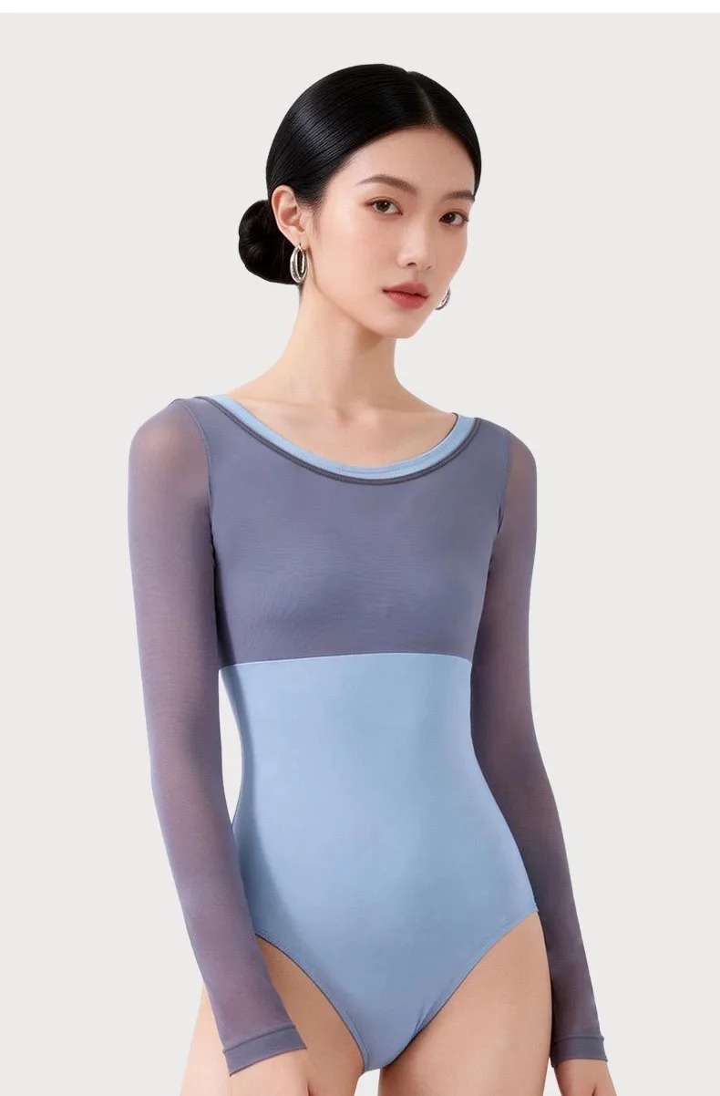 女性長袖ダンスレオタードメッシュラウンドネックバレエダンスウェア体操水着ヨガパフォーマンス衣装