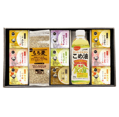 ギフト もち麦と米油と銘米のセット/もち麦＋こめ油＋無洗米6種(300gx9袋) 令和6年産（魚沼コシヒカリ山形こまち/つや姫/×各2+ゆめぴりか/玄白飯/ななつぼし×各1）