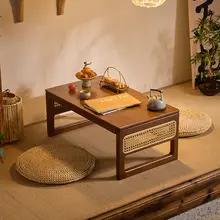 環境に優しい籐製折りたたみテーブル - 頑丈なロータイプティーテーブル出窓畳の床ベッドでの学習に最適安定性と耐荷重性に優れています