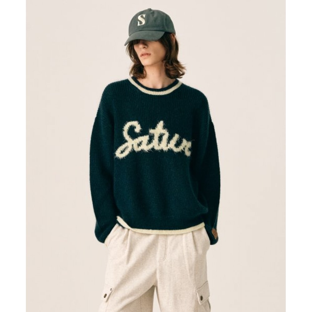 SATUR ラウンドネックモヘアロゴニットヘリテージグリーン