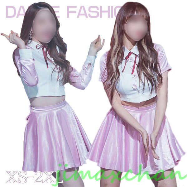 新品　2タイプ ダンス衣装 k-pop レディース セットアップ 半袖 ピンク へそ出し ショートスカート 長袖 チアガール 応援団 ステージ衣装 アイドル 韓国制服