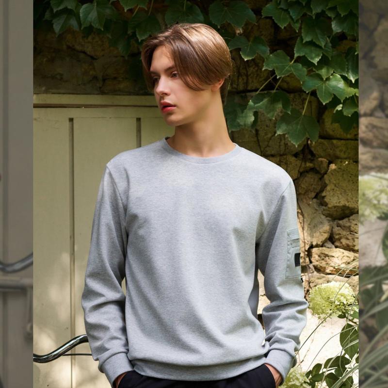 男性背中ウーブンマンツーマンTシャツ6J55301グリーンメランジグレー04_CC