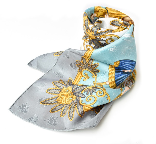 スカーフ スカーフ カレ90 シルクツイル アイススケートモチーフ ブルーマルチ