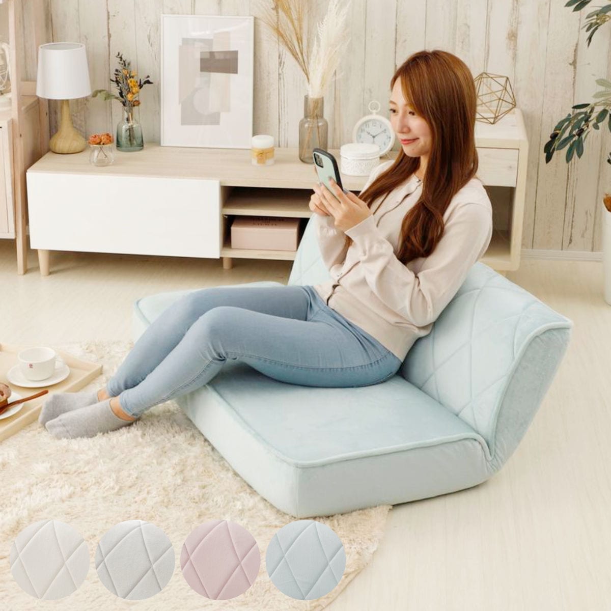 ローソファ 座椅子 2人掛け 14段階リクライング 座いす フロアソファー コンパクト 大人かわいい くすみカラー ベロア調 日本製