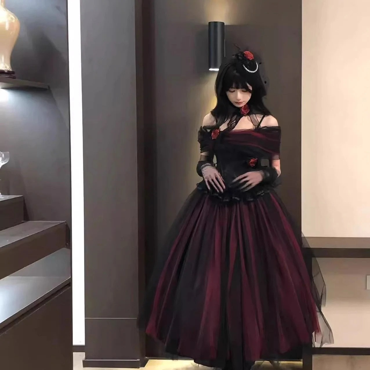 赤と黒のガーゼスカートプリンセスロリータバースデーパーティーアダルトドレススカート