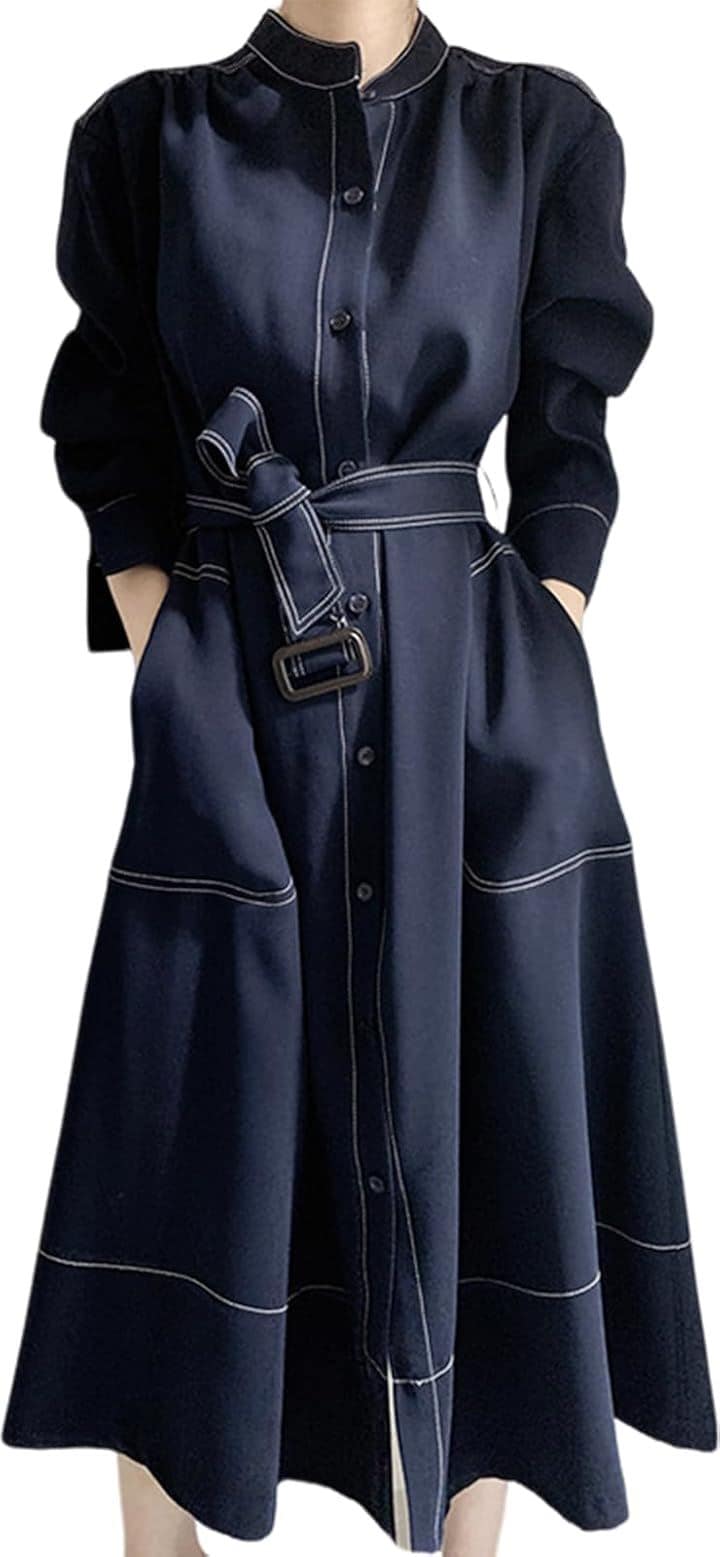 シャツワンピース ステッチ ロング フレア きれいめ カジュアル 羽織れる ウエストマーク 5S-N04-NVM(ネイビー, M)