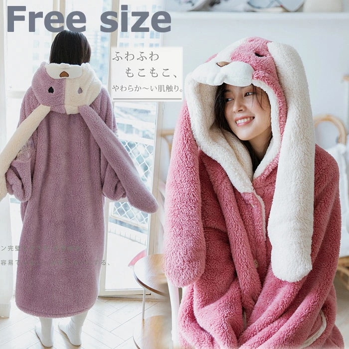 ふわもこ うさ耳 パジャマ 前開き 着る毛布 冬 ワンサイズ モコモコ レディース プレゼント20代30代40代 ルームウェア ロングワンピ ルームウエア ワンピース 厚手 長袖