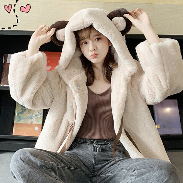 もこもこアウター もふもふコート ボアコート 熊耳 ふわふわ パーカー かわいい クマ耳 ジャケット 秋冬 ベージュ 長袖 高校生 フード付き 大人可愛い ジャケット アウター オーバーサイズ ゆった