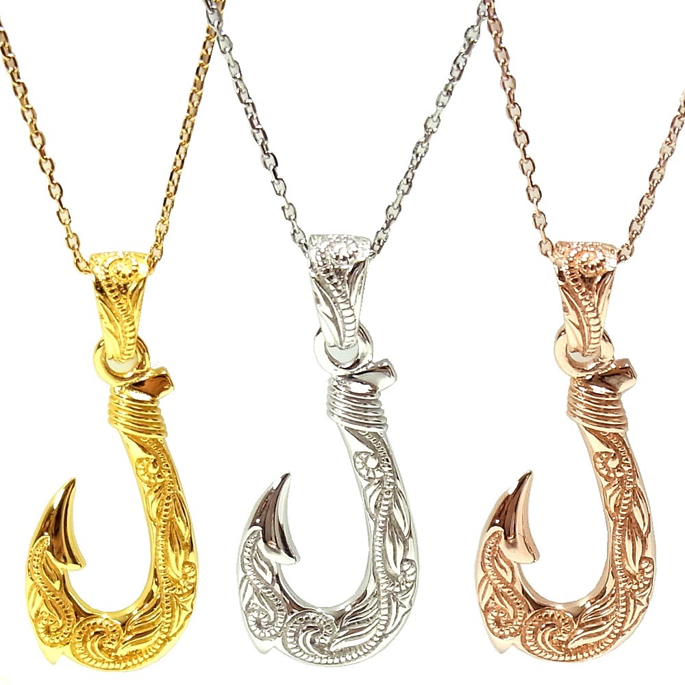 ハワイアンジュエリー リリ エグゼクティブ プラチナ仕上げ フィッシュフック サーフ ネックレス レ