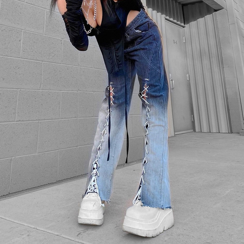 レースアップフレアデニム ボトムス パンツ デニムパンツ ロング ロング丈 フレア セミフレア リボン ハイウエスト 綿 デニム かわいい 大人可愛い きれいめ シンプル カジュアル 大人 おしゃれ