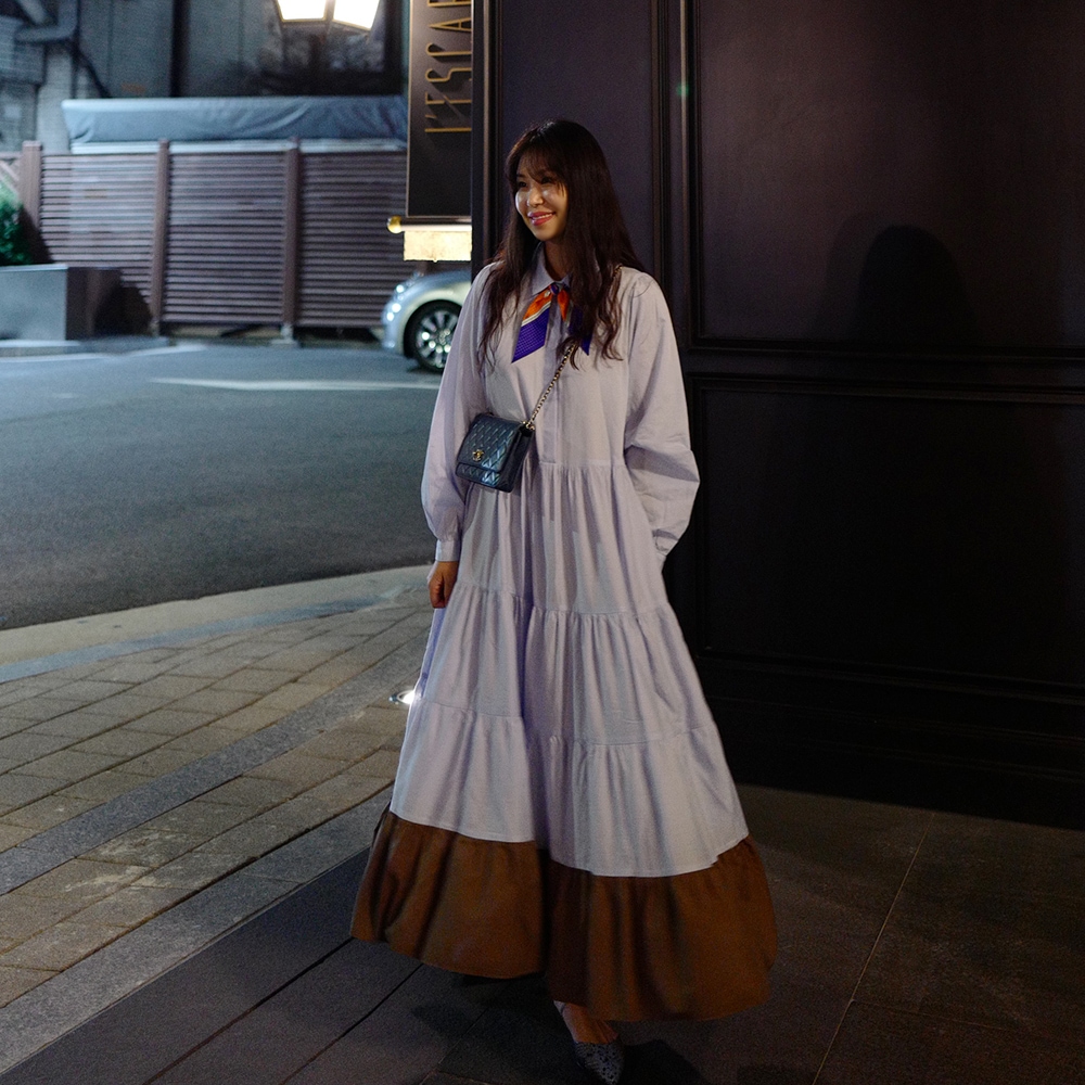 ティアード ワンピース シャツワンピース ロング丈 袖あり 長袖 襟付き Aライン 切り替えデザイン カジュアル おしゃれ お洒落 こなれ感 存在感 無地 春 夏 秋 10代 20代 30代 40代