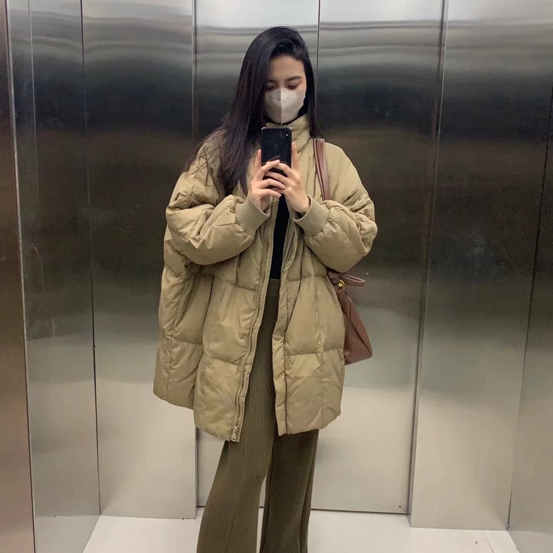 2025 新バットスリーブダウンジャケット女性のミディアムロング韓国スタイルカジュアルファッションスタンドカラー大きいサイズホワイトダックダウンジャケット