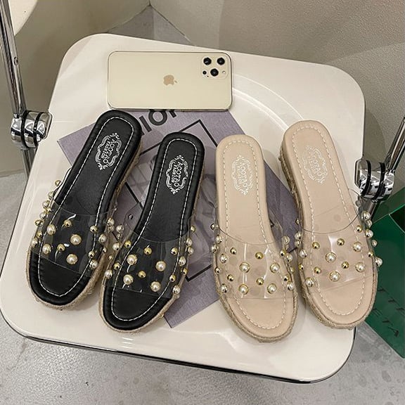 レディースシューズ 婦人靴 厚底サンダル サボサンダル エスパドリーユ ラウンドトゥ アーモンドトゥ ラバーソール パール ビジュー アクセ付き スタッズ クリア素材 無地 ワントーン lsho018