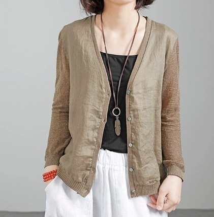 レディース トップス カーディガン 長袖 Vネック スリム 細身 ストレート スマート 前開き 薄手 リネン 大人可愛い きれいめ シンプル カジュアル 上品 レトロ ラフ ベーシック ナチュラル
