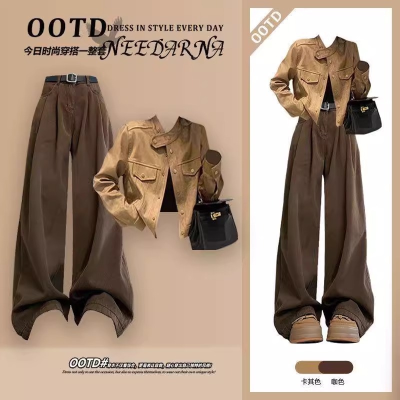 甘くてクールなギャルは上品な雰囲気の春シーズンの新モデルを着ますショートコートゆったりワイドパンツの2点セットが潮