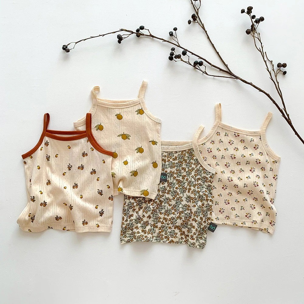 北欧キッズキャミソール キッズパジャマ 綿 花柄 女の子キャミソール 夏の子供服2点セット