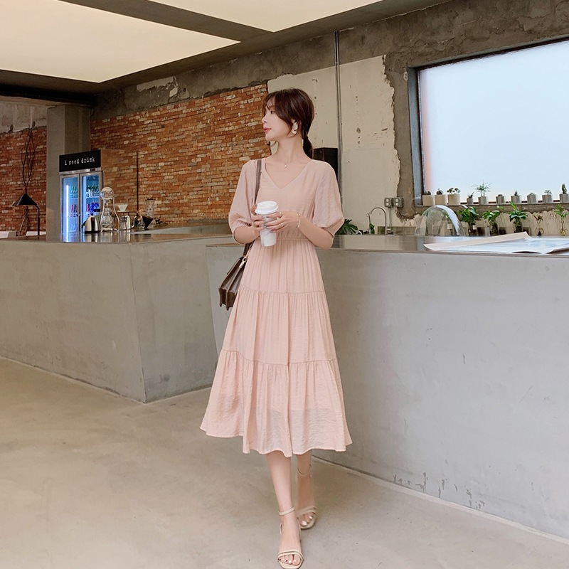 ワンピース ティアードワンピース 膝下 ロング丈 袖あり 五分袖 ボリューム袖 Vネック 襟なし フレア 細身 Aライン シフォン ウエストマーク ハイウエスト かわいい 大人可愛い きれいめ 大人