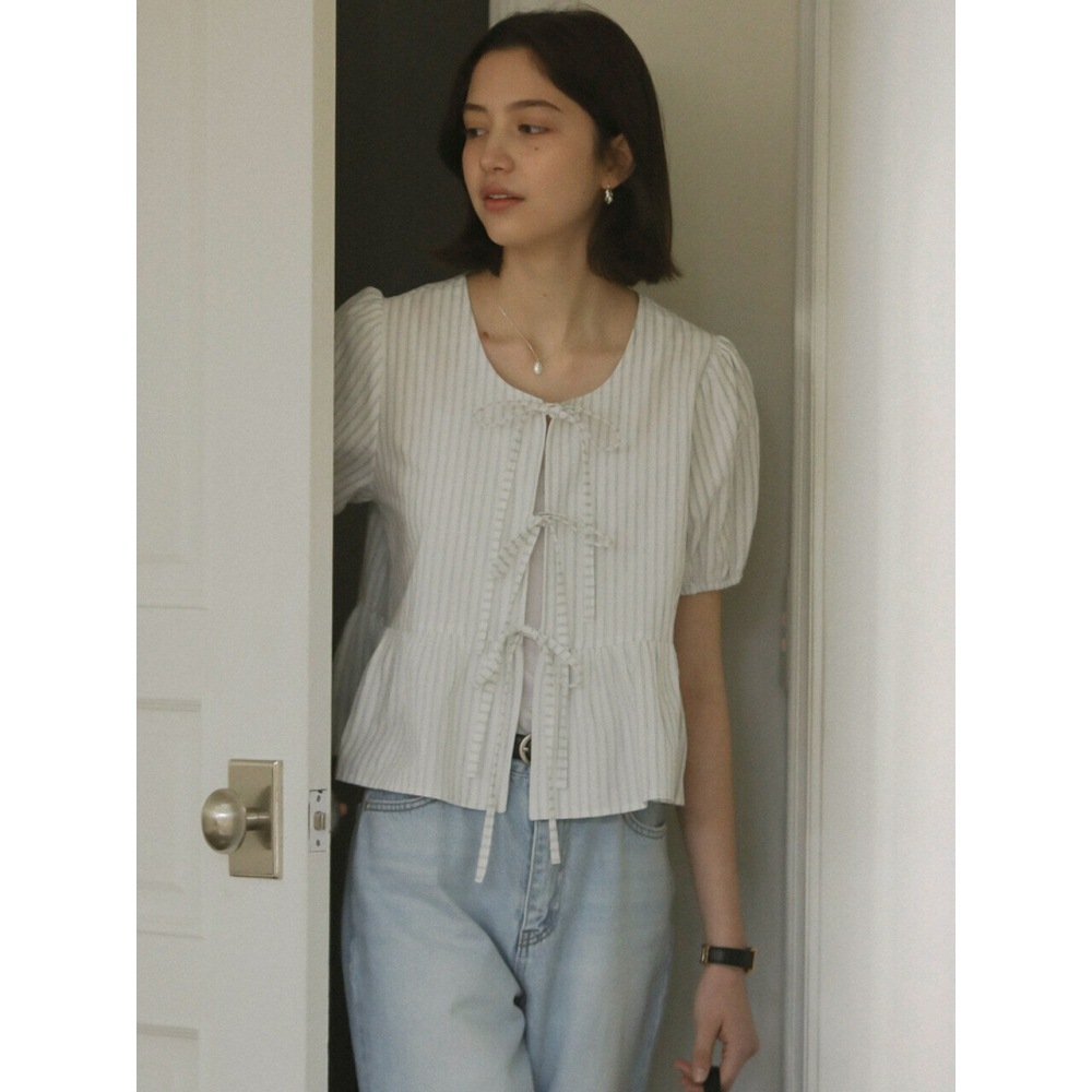 TILLDIE フロントリボンポイントブラウスブルー