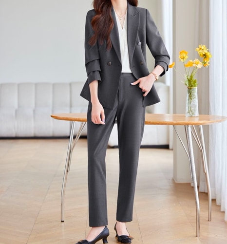 ダブルブレストレディース スーツ セットアップ 上下セット パンツスーツ 前開き フルレングス 長袖 Vネック 襟付き 角襟 タイト ファスナー 前開き コンサバ ボタン ウエストシェイプ きれいめ