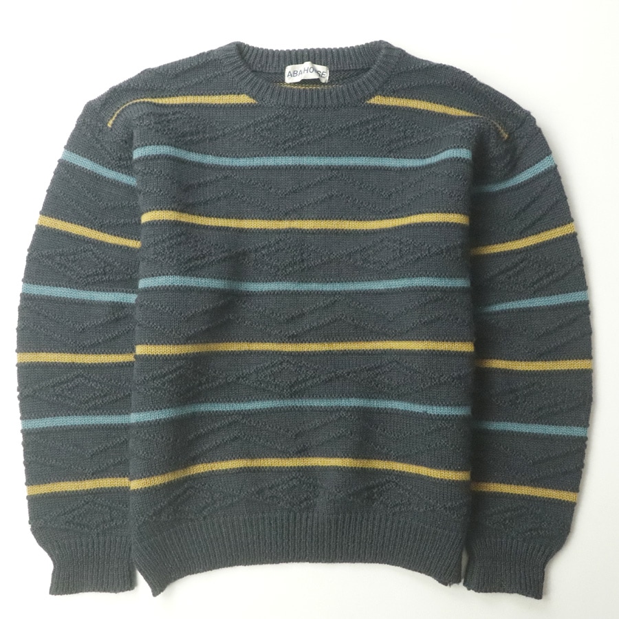 80年代 昭和レトロ美品 ヴィンテージ 3Dニット フィッサーマンニット セーター グレー ボーダー F (JP:S-M)