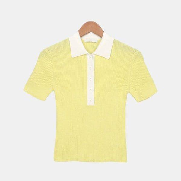 女性スリムニットTシャツ リブ半袖配色カラーTシャツ 夏Tシャツ LS...