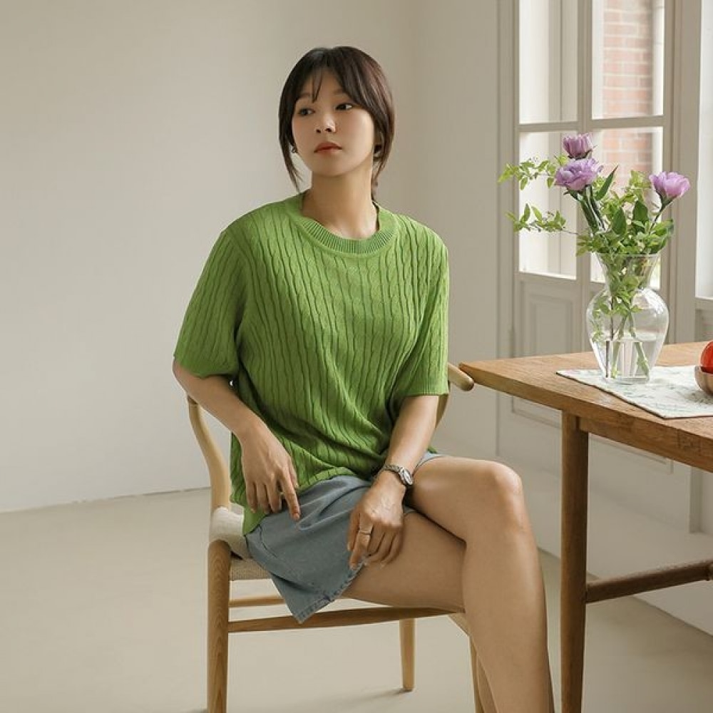 [Elysia] アコーケーブル半袖ニットTシャツ