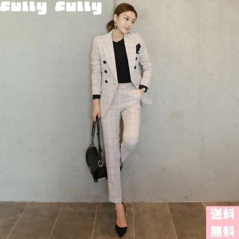 「新品限定割!引!」オフィスレディー 通勤服 正装 レディース 白 ウィンドウペン チェック柄 入園式 入学式 卒園式 キャバ パーティ デート パンツ きれいめ OL S M L XL 2点セット
