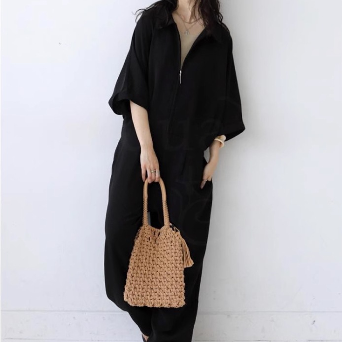 レディース パンツ ボトムス つなぎ 前開き ロングパンツ ワイドパンツ ジャンプスーツ ロング 7分袖 襟付き ワイド オーバーサイズ ファスナー ポケット かわいい 大人可愛い シンプル