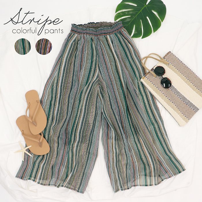 ガウチョパンツ レディース スカーチョ ボトムス パンツ ワイドパンツ ストライプ柄 裏地付き 春夏