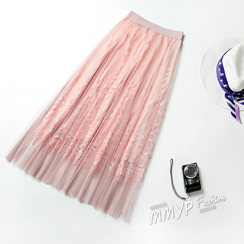 3103.刺繍レースプリーツロングスカート（ピンク）