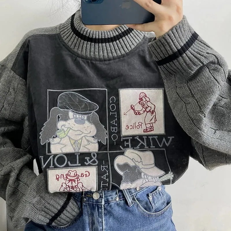 灰色 雨音レトロ刺繡入りニットセーター