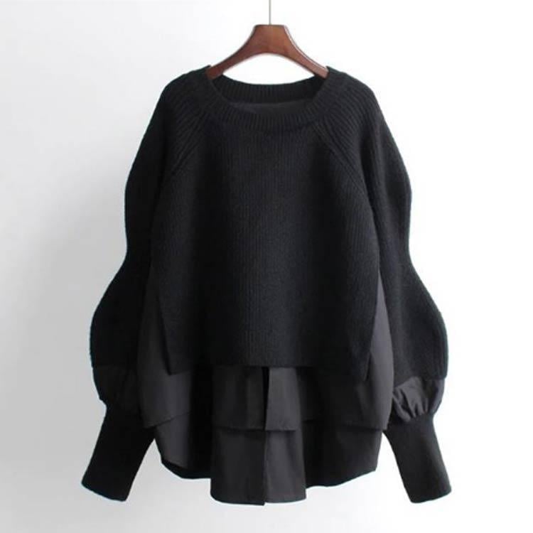 ニットドッキングブラウス ニット セーター レディース プルオーバー 配色 異素材 切り替え トップス フェイクレイヤード 重ね着風 長袖 ボリューム