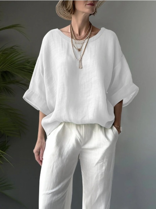 【1つ買うと10つ無料】2025夏のソリッドカラー快適なカジュアルラウンドネックコットンンルーズスリム女性の大きなサイズシャツ