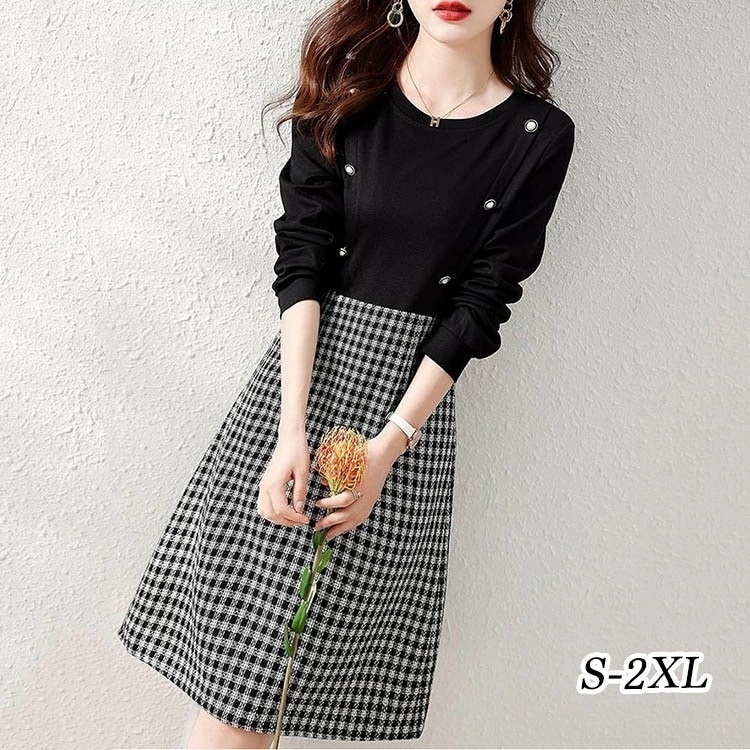 【2025新作】ニットワンピース レディース 秋冬 長袖 ロング丈ニットワンピース 切り替え チェック柄 クルーネックニット ミモレ 半端丈 Aライン 膝丈 通勤 OL 30代 40代 50代