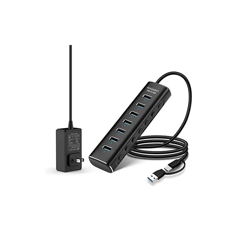ROSONWAY USBハブ3.0 電源付き 7ポート 2 in 1 ケーブル 付き 24W USB Hub アルミ製 5Gbps高速転送 セルフパワーとバスパワー両用 12V 2A 電源 独立スイッ