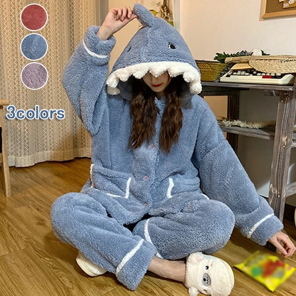 ルームウェア もこもこ レディース パジャマ サメ 鮫 可愛い 着ぐるみ セットアップ 上下セット 2点セット トップス パンツ フード付き モコモコ ネグリジェ フランネル ナイトガウン パンツパジ