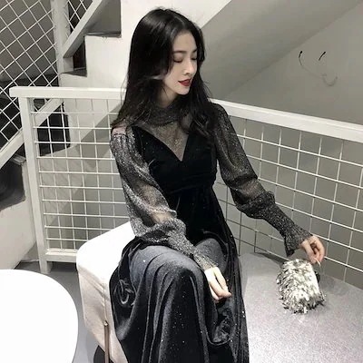 パーティードレス 黒いロングスカート ミモレ丈 長袖 結婚式 ワンピース 大きいサイズ ゲストドレス 二次会 謝恩会