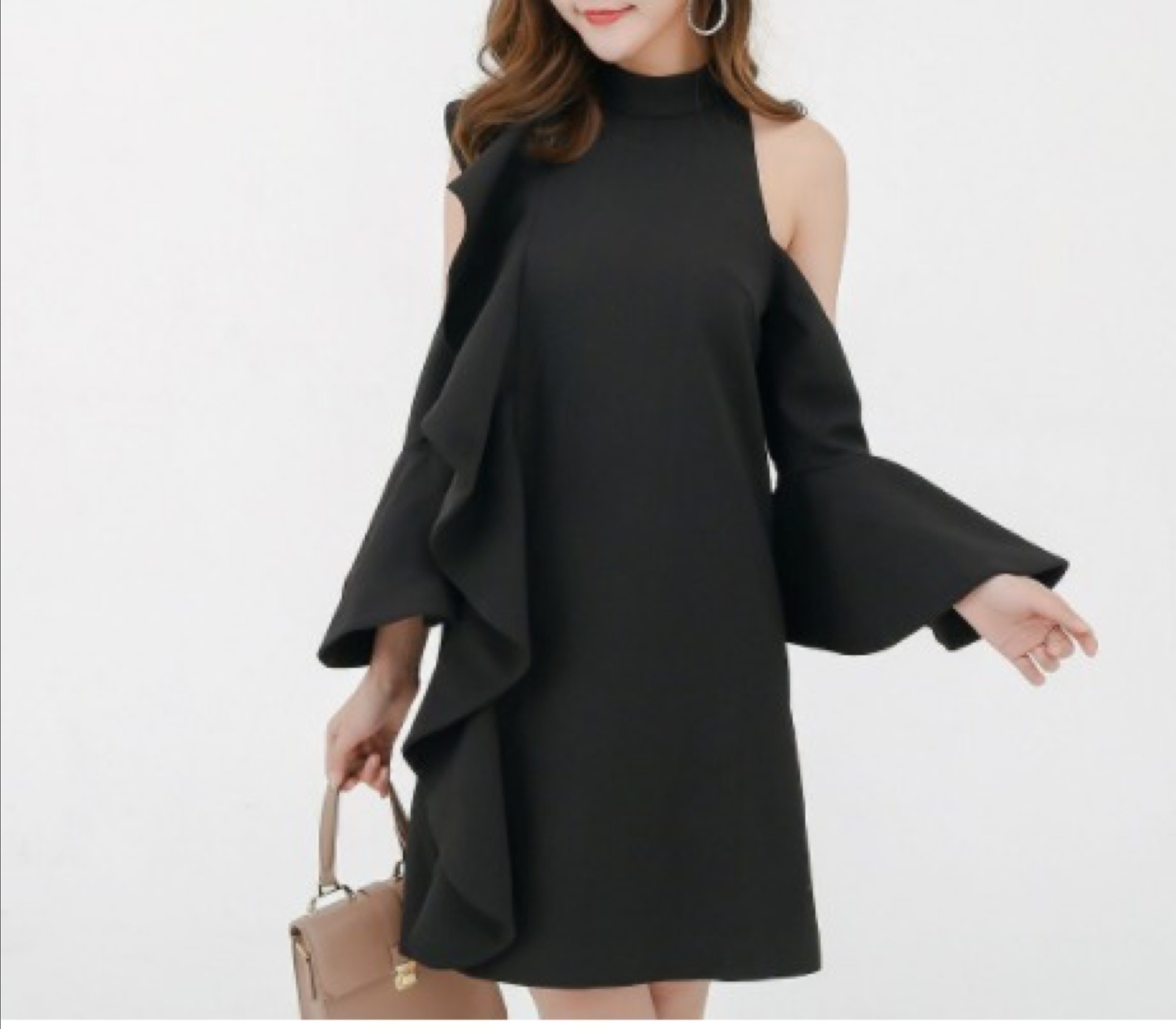 1918.ラッフルドレープドレス（ブラック）2019 春夏 sale ワンピース ミディアム ボリューム袖 エレガント お呼ばれ パーティー 結婚式 披露宴 女子会 レストラン デート