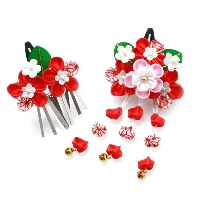 髪飾り W25- 七五三 パッチンピン 2点セット ちりめん つまみ細工 びらかん