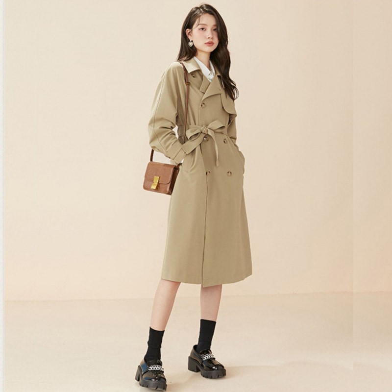 2025 人気の英国ウインドブレーカーの女性の春と秋のハイエンドのミドル丈の小さいスタイルのカーキ コート ジャケット