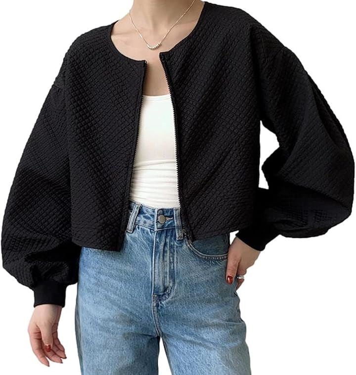 ジェイスコット裏地付き ショートジャケット ブルゾン ふんわり袖 エンボス加工 ジップアップ JS155-BK-2XL(ブラック, 2XL)