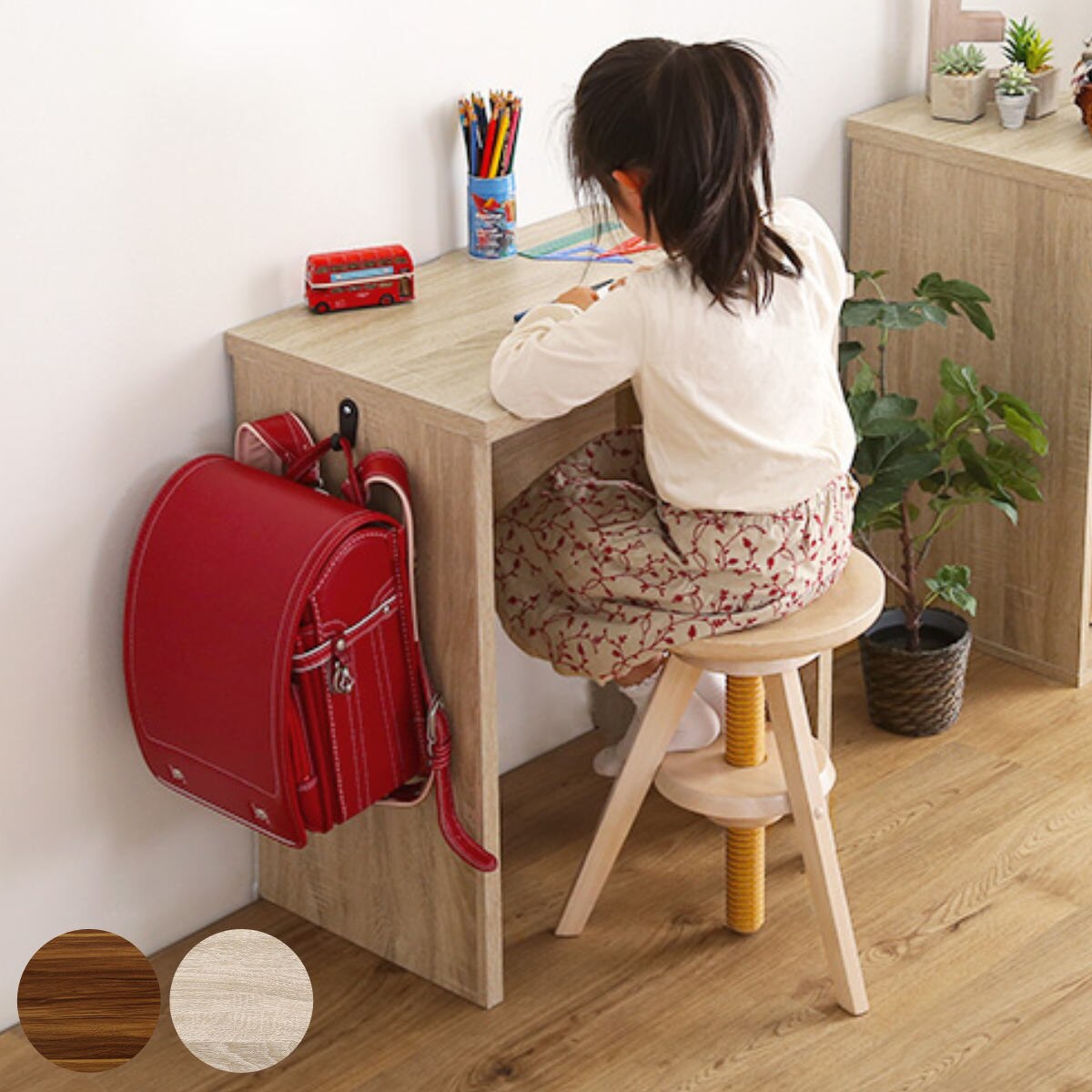 デスク 幅60cm 木目調 子供用 スリム 奥行40 パソコンデスク PCデスク 机 リビングデスク コンパクト 学習机 勉強机 平机 リビング 子供 子ども コード穴 フック付き リビング学習
