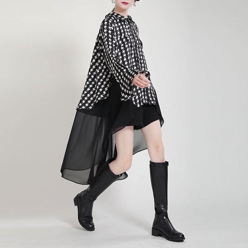 婦人服夏ワンピースプリントシャツスカートデザイン感シフォンラッパ袖偽2枚ゆるい痩せワンピース