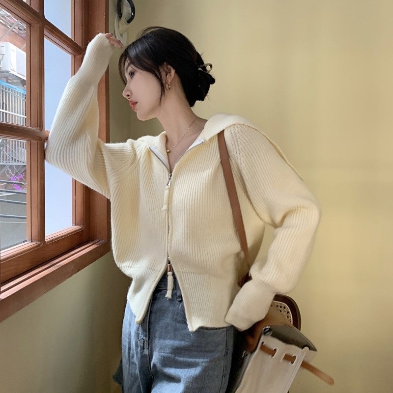 ニットカーディガン 秋冬コーデ ニットソー セーター カーディガン 襟あり ビッグ襟 長袖 細身 ストレート リブ 前開き 伸縮性 ニット 薄手 かわいい シンプル カジュアル おしゃれ レトロ 5,382円